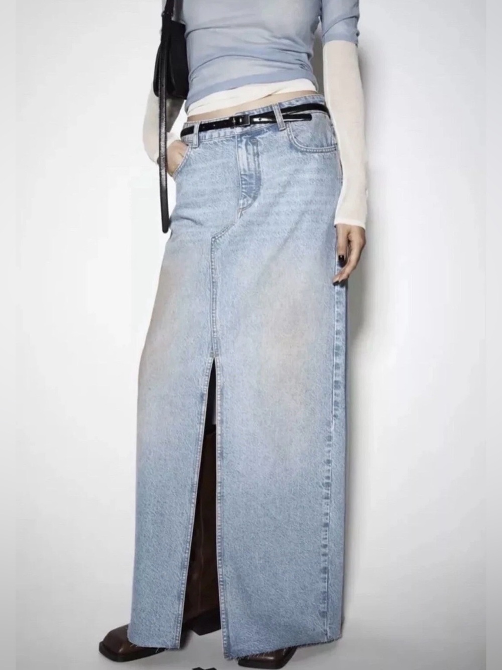 ZARA Z1975 PINK BLUE WASHED SLIT DENIM SKIRT Size S 6147/183
